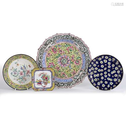 Canton enamel plate Chinese, 19th Century with a central floral medallion surrounded by floral