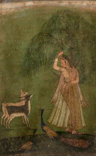 Miniature Indian, 18th Century painted with a female figure with two peacocks and two young deer,