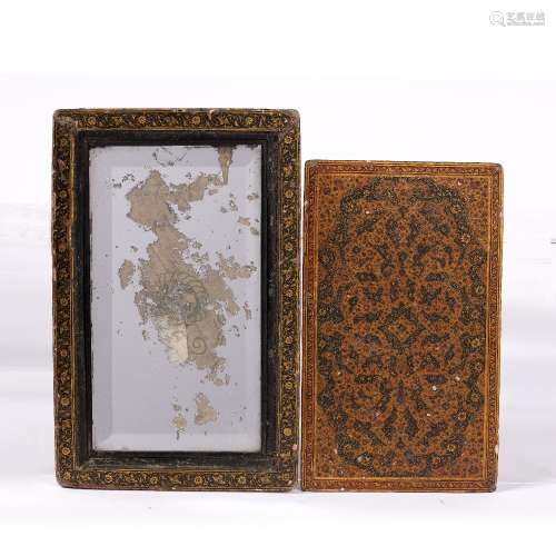 Kashmir style mirror Indian housed in a wooden lacquer frame with gold fret work and foliate pattern