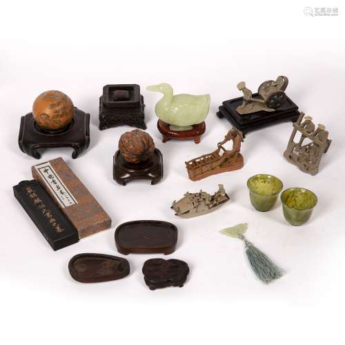 Group of pieces, Chinese to include a small jade model of a duck, a selection of small wooden