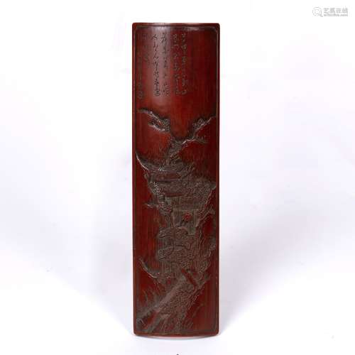 Bamboo brush rest Chinese, 19th Century carved with a mountainous gorge, temple, pine trees and