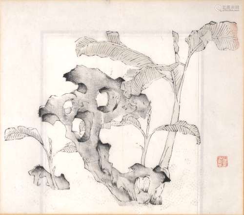 Chinese school 19th Century monochrome study, depicting a rocky outcrop with plants, with a red seal
