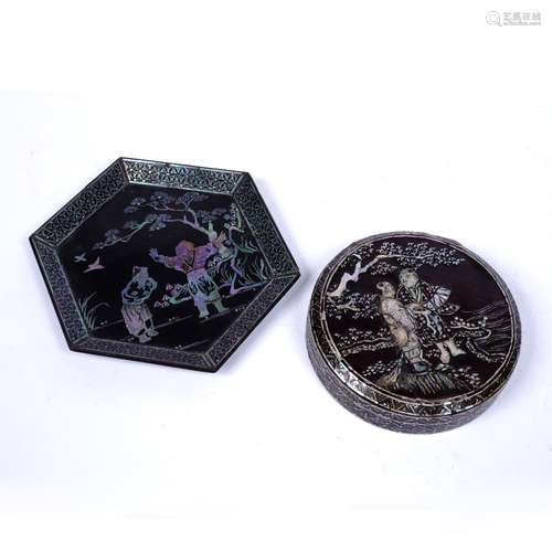 Two lacquer trays Chinese each decorated in mother of pearl depicting figures outside, 12cm