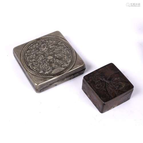 Niello square box and cover Chinese, Qing dynasty the cover with repousse work depicting nine