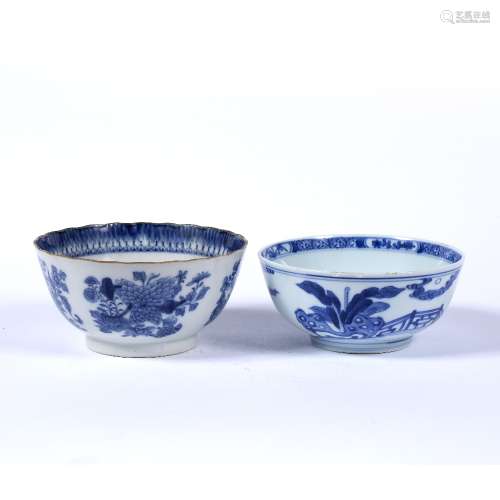 Two blue and white bowls Chinese, 19th Century the first decorated to the exterior depicting a