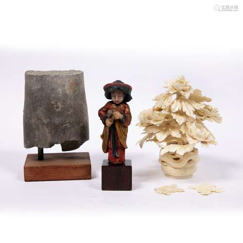 Group of three pieces Chinese including a small soapstone painted figure of an oarsman, wearing a