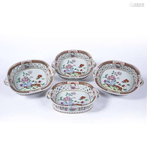 Set of four famille rose twin-handled pierced baskets Chinese, 18th Century of oblong form with