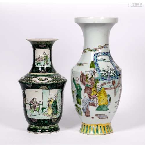 Famille verte vase Chinese, late 19th Century painted with a panel of two figures and a warrior, the