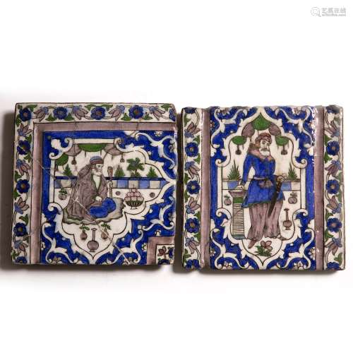 Two Qajar tiles 19th Century with blue background each depicting a man (2)