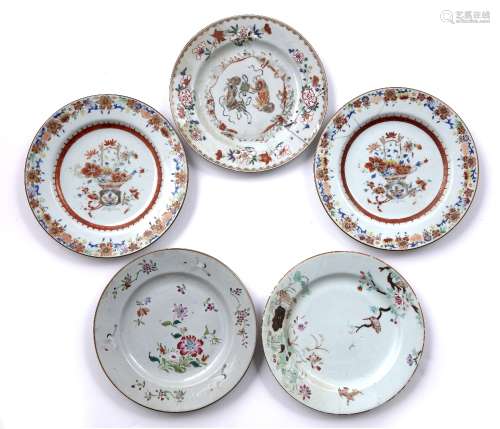 Group of five famille rose plates Chinese, 18th Century variously painted in enamels with crabs,