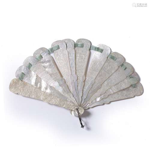 Canton mother of pearl brise fan Chinese carved to both sides with figures in various pursuits, 24.