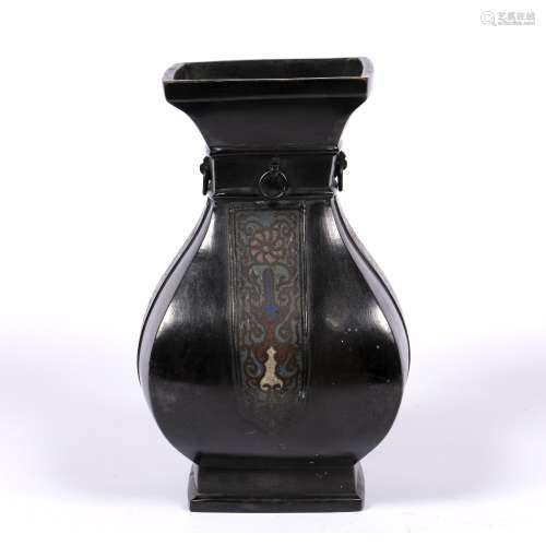 Bronze square form vase Chinese, 17th Century with four small ring handles to the neck and