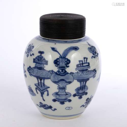 Blue and white jar Chinese, 19th Century decorated to the body with auspicious objects and vases,