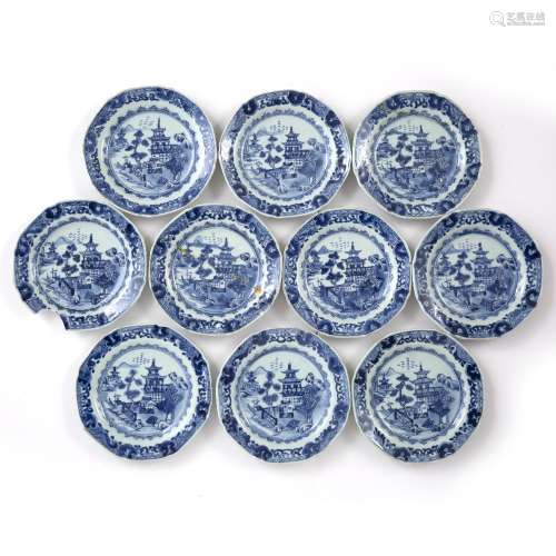 Group of ten blue and white export plates Chinese, 18th Century decorated with a central scene