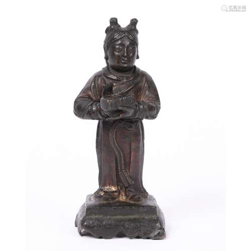 Bronze model of a Daoist priest Chinese, late 17th Century the figure holding a casket, the cast