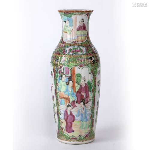 Canton polychrome vase Chinese, 19th Century painted with panels of court scenes alternating with