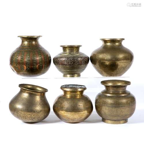 Six brass lota pots Indian, 19th/20th Century of varying form, largest 16.5cm high (6)