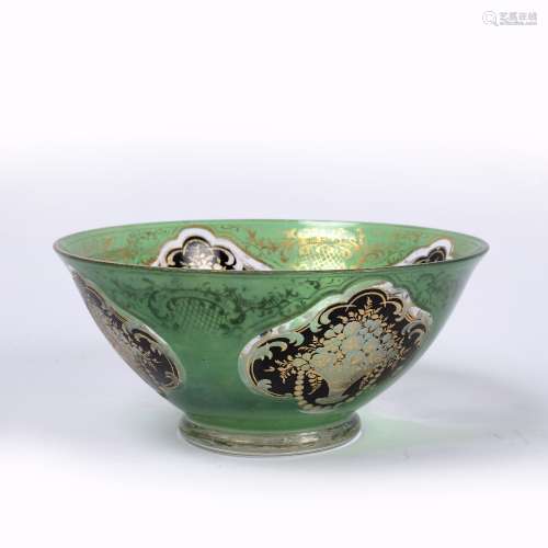 Turkish market green glass cut and overlaid bowl Bohemian with panels of baskets of flowers, each