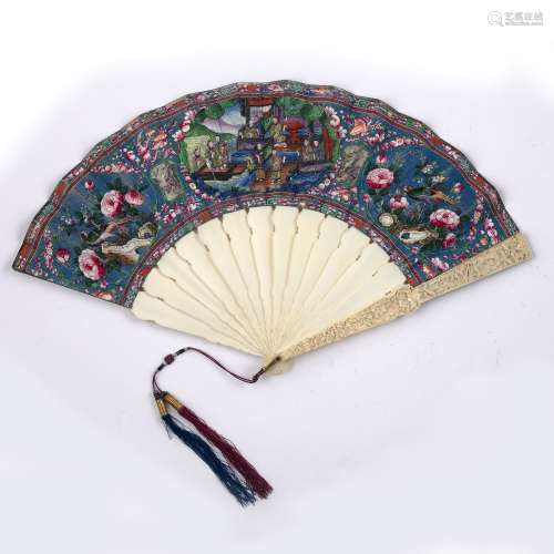 Canton ivory and paper fan Chinese, 19th Century blue ground and painted both sides with court