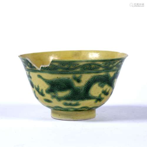 Yellow ground green enamelled 'Dragon' bowl Chinese the exterior decorated in green enamel with