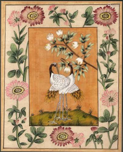 Watercolour of two whooping cranes Indian, 19th Century with a variety of different flowers, 47cm