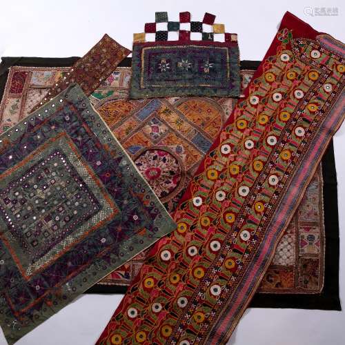 Patchwork panel Indian with mirror work, 97cm x 143cm and four similar smaller panels.