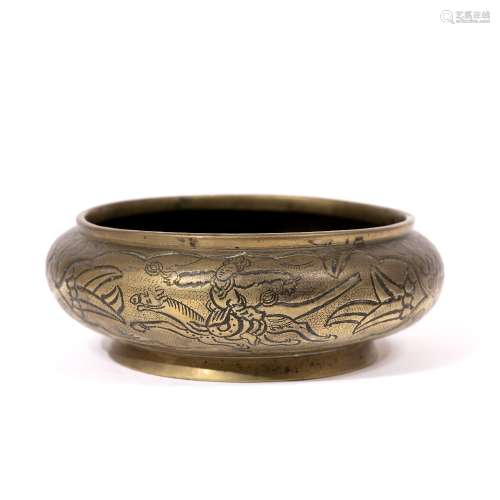 Bronze censer Chinese, 19th Century engraved around the edge with a hunting scene, Xuande seal mark,