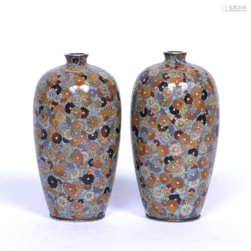 Pair of miniature cloisonné oviform vases Japanese, late Meiji/early Taisho decorated with multi