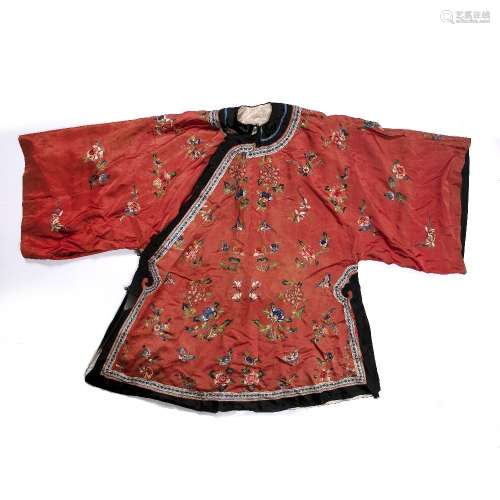 Pale red embroidered silk coat Chinese, circa 1900 embroidered with ,butterflies, flowers and