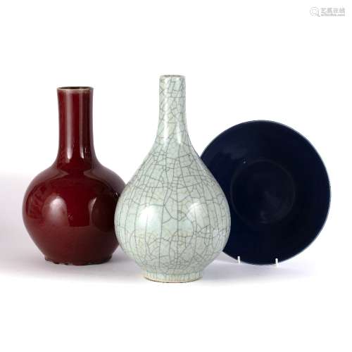 Sang de boeuf bottle vase Chinese 34.5cm high, a Chinese celadon crackleware vase, 37cm high and a