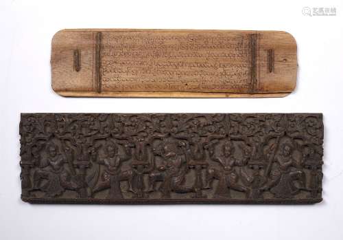 Carved hardwood panel Thai 25cm x 7.5cm and a Burmese astrological chart with Pali script verso,