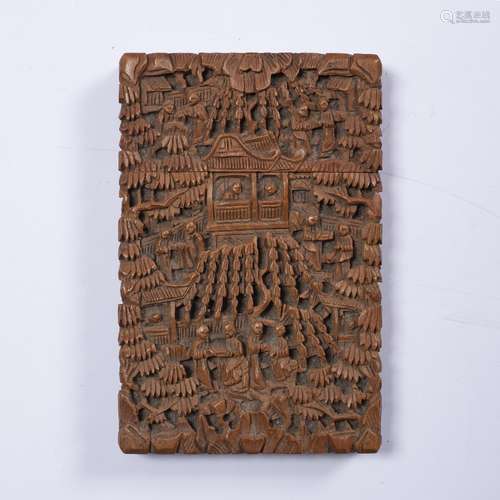 Canton carved wood card case Chinese, 19th Century with figures and temples, 11cm x 7cm