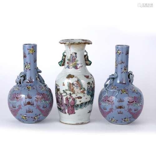 Canton small vase Chinese, 19th Century depicting scholars at a table, 24.5cm and a pair of pale