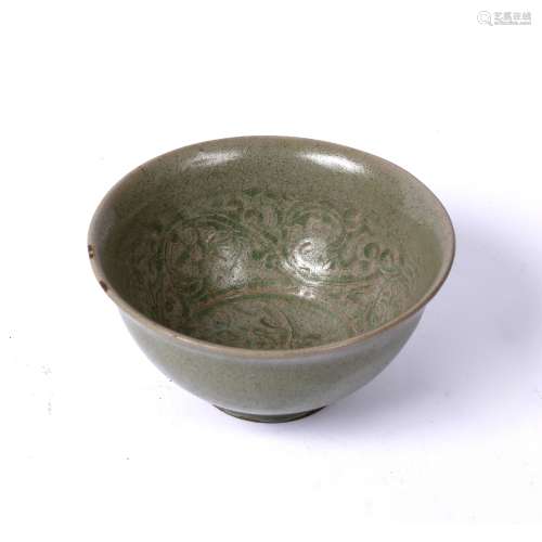 Celadon bowl Chinese, 17th Century with incised decoration to the interior, 12cm across, 6.5cm high