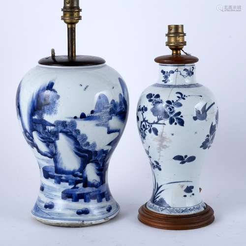 Two blue and white vases Chinese, 19th Century each now fitted as a table lamp, 25cm and 23.5cm