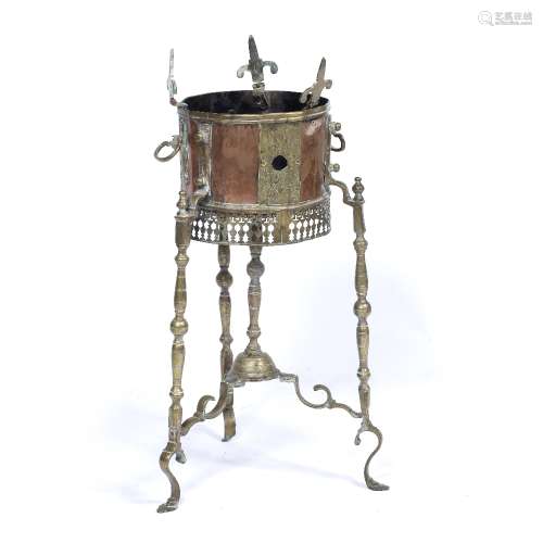 Copper and brass mangal/brazier ottoman Turkish of cylindrical form on three supports, 64cm high