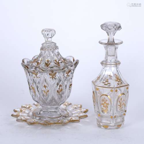 Turkish market glass Bohemian, 19th Century to include a vase, cover and stand ,gilt decorated on