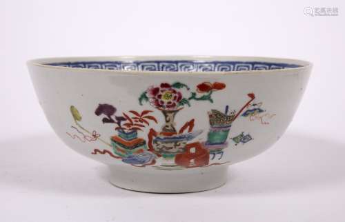 Famille rose bowl Chinese, 19th Century decorated to the body with flowers and precious objects,
