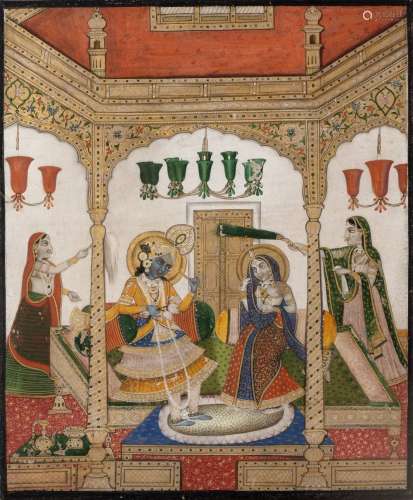 Mughal miniature Indian, 18th Century painted with a court scene with official and three attendants,