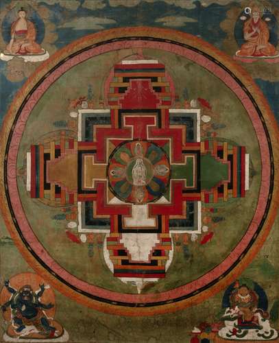 Mandala of Avalokitesvara (Chenrezig) Tibetan, 19th Century Gelug-pa school, paint and gold leaf