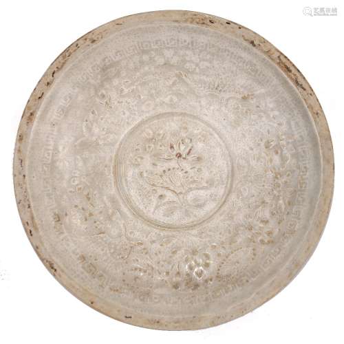 Qingbai dish Chinese, Song Dynasty with central relief moulded flower within a border of flying