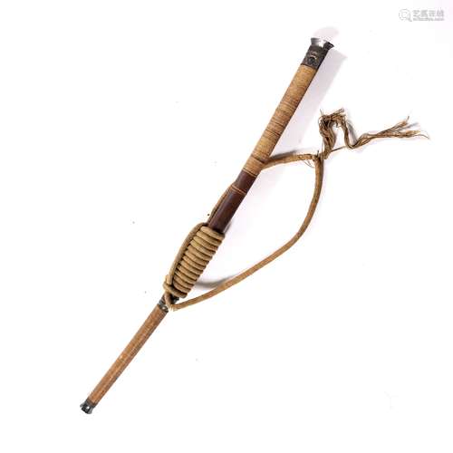 Dha (sword) Burmese with white metal mounts, webbing handle and bamboo sheath, wrapped with thick