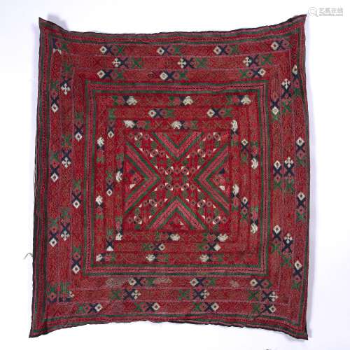 Silk panel Indian with geometric bands around a central panel with similar decoration, 75cm x 78cm