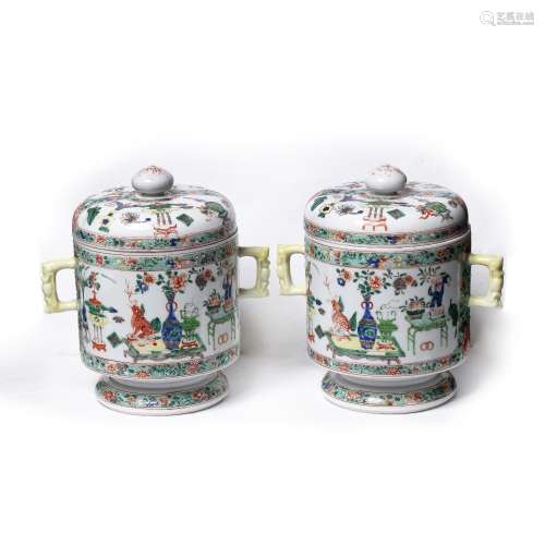 Pair of porcelain pots and covers Chinese, 19th Century with famille verte decoration and Buddhist