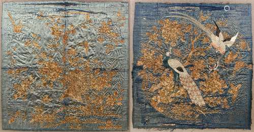 Two embroidered silk panels Chinese, late 19th/early 20th Century both on a blue ground, one of a