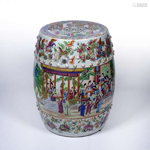 Famille rose garden seat Chinese, 19th Century painted in panels depicting figures in interiors