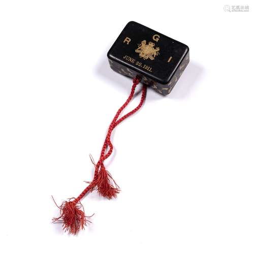 Miniature black lacquer fubako Japanese, late Meiji with metal cord handles, the cover decorated