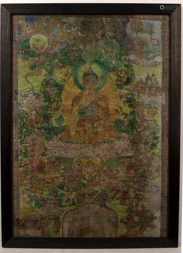 Thangka of Buddha Shakyamuni Sino-Tibetan, 18th/19th Century seated within a colourful field of