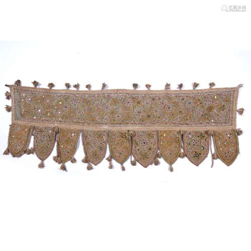 Portiere Indian with mirror work set within embroidered panels, 118cm across