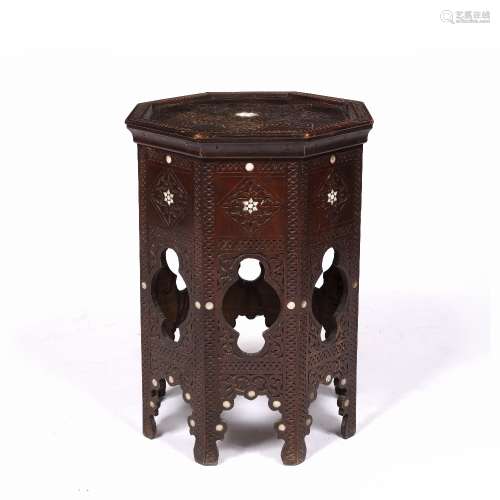 Damascus octagonal inlaid occasional table Syrian, circa 1900 with star design to the top and carved